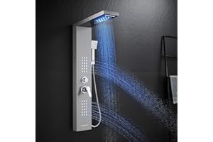 ROVATE LED Shower Panel Tower System, Rainfall Waterfall Shower Tower with Jets and Handheld, 5 in 1 Brushed Stainless Steel High Pressure Shower Column with Tub Spout