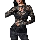 RoseSeek Women's Lace See Through Blouses Mock Neck Long Sleeve Party Shirts Slim Fit Dressy Tops