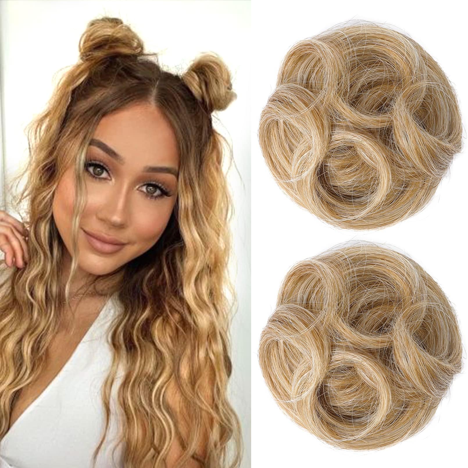 REECHO 2 PCS Mini Claw Clip in Messy & Cat Ears Hair Bun Extensions Wig Accessory Updo Hairpieces for Women Girls (Pack of 2-3.5" Wavy, Golden with Blonde Highlights)