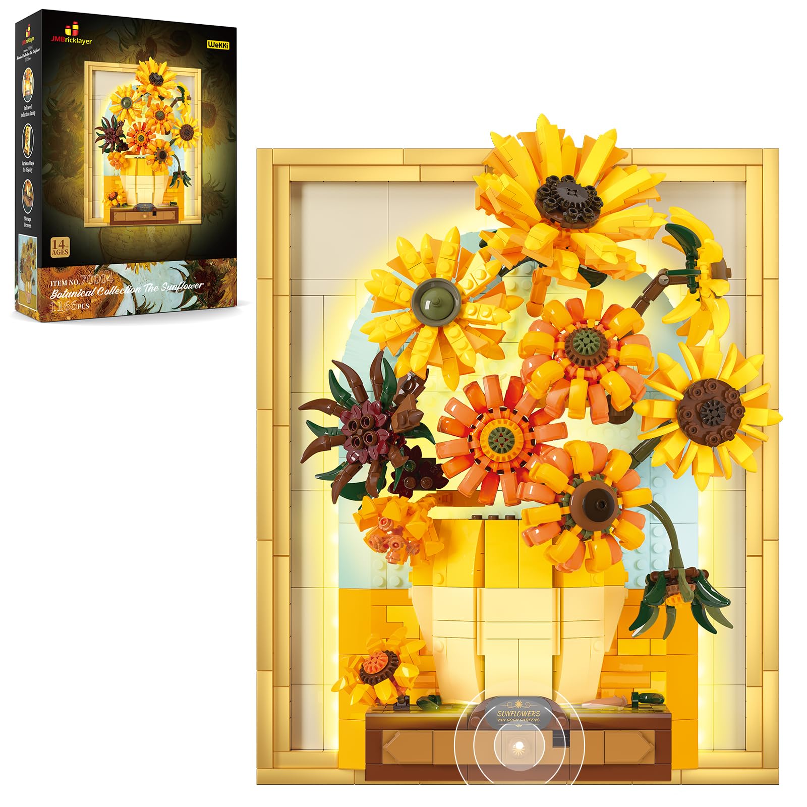 JMBricklayer Sunflower Art Building Toy with Light, 70004 Van Gogh Painting Wall Art Desktop Home Office Room Decor, Sunflower Picture Frame Gift for Men Women Him Her (1166PCS)