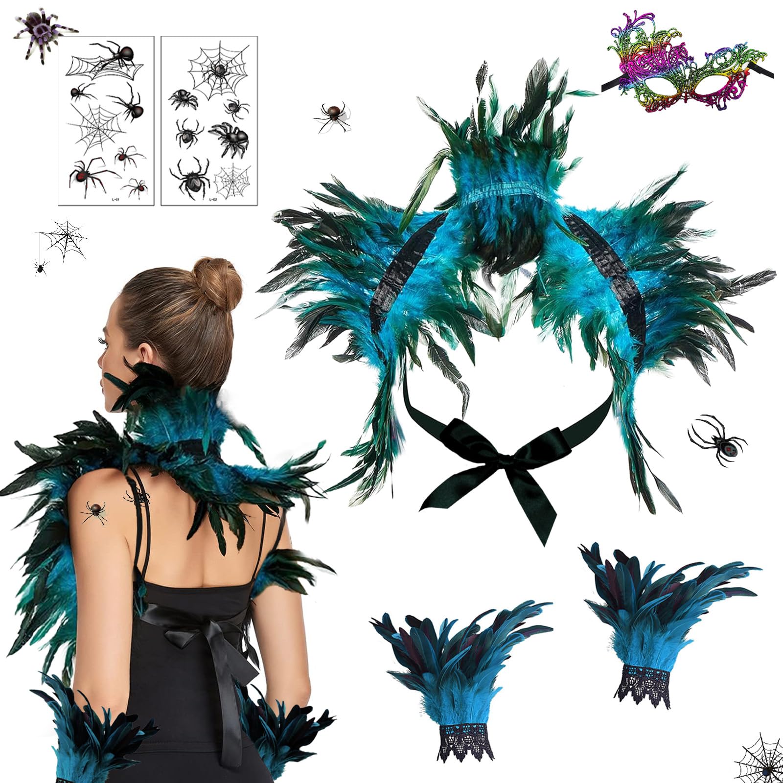 Gothic Women Feather Cape with Wrist Cuffs Wristband Masquerade Masks Lace Eye Mask Tattoo Stickers Gothic Lacing Shawl Shrug Collar Feather Cloak for Christmas Halloween World Book Day-Lake Blue