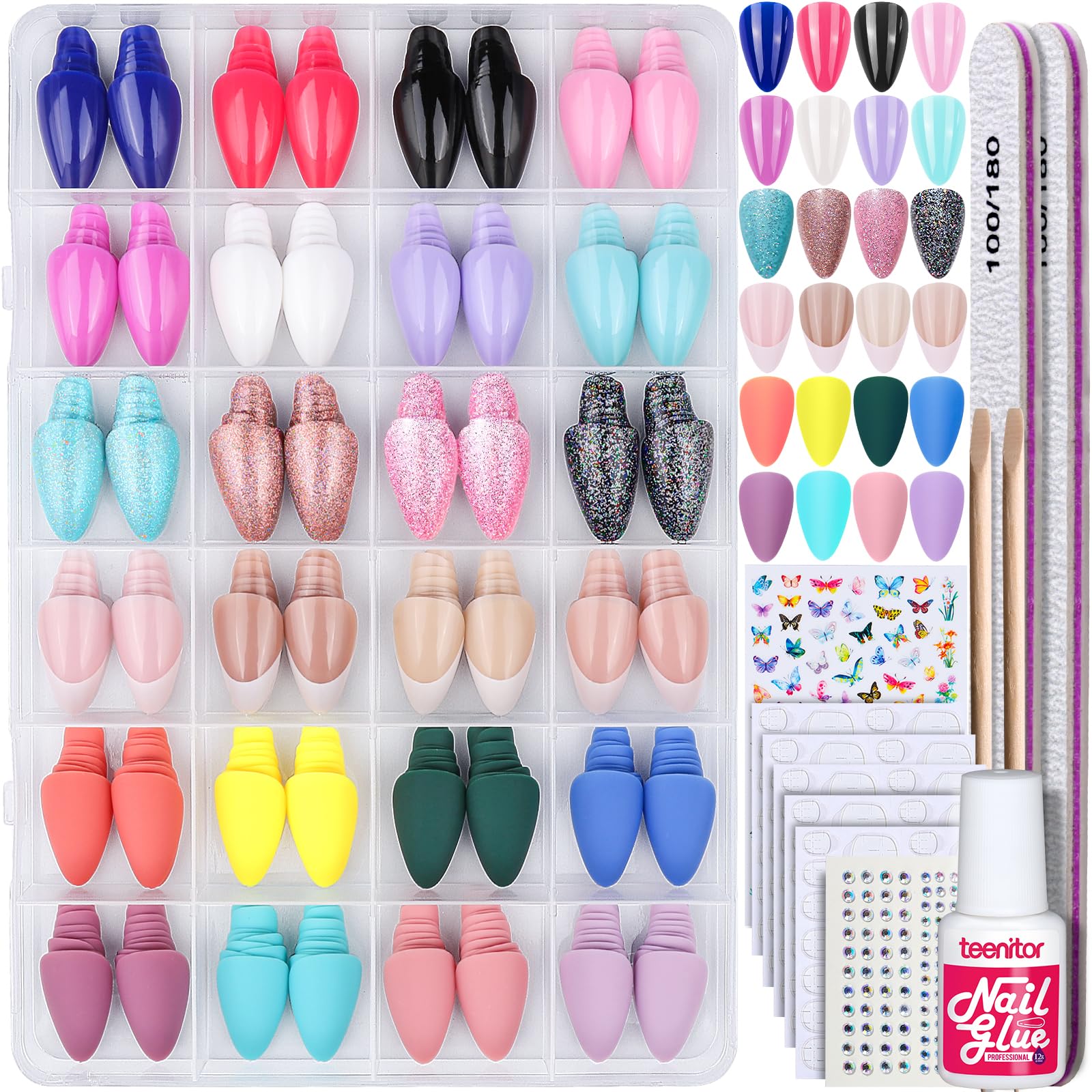 Photo 1 of Teenitor Press on Nails Almond, 24Pack 576Pcs Short Almond Press on Nails, Matte Glossy French Tip Press on Nails, Glitter Fake Nails