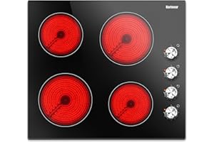 Karinear 24 Inch Electric Cooktop 4 Burners Electric Stove, Knob Control,6000W, Built-in Radiant Hob,Residual Heat Indicator, Overheat Protection,Hardwired 220V Radiant Ceramic Stove(Silver Knob