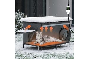 SUUNYN Heated Outdoor cat House for Outside, Weatherproof Insulated Feral Cat Shelter with Timer-Temp Control Heating Pad in Winter, Large Elevated Outdoor Cat House with Zipper, 2 Doors, Safety-Dark Gray