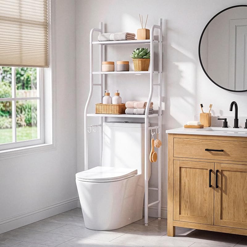 Estanteria Baño sobre Inodoro (47×26×153 cm) – Mueble Baño Auxiliar de 3 Niveles de Metal con Patas Regulables y Soporte Antivuelco, Organizador para Toallas, Lavadora o WC - Blanco — foto 6 de 7