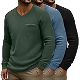 Baggyfly 3 Pack Men's Waffle Shirts Long Sleeve V Neck Raglan Sleeve Knit Tops Casual Thermal Undershirts with Pocket Regular