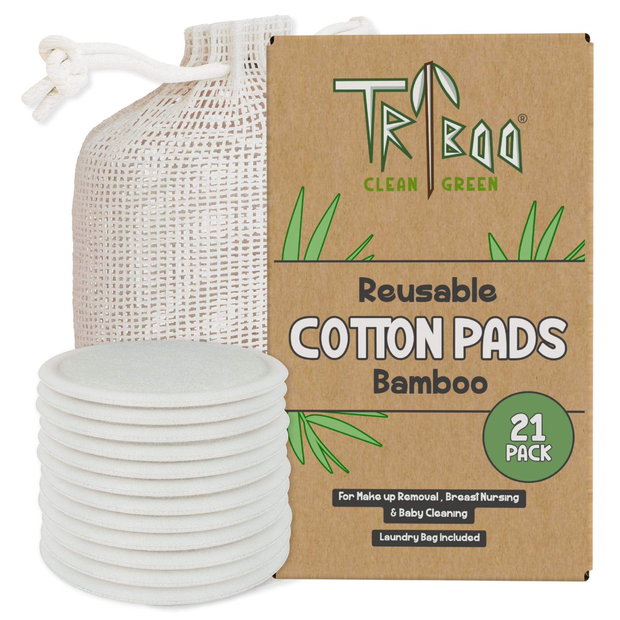 TRIBOO (21-Pack) Super Soft Bamboo Cotton Woolpad Reusable Makeup Remover with Skin Care Hacks E-Book, Large Wool Pads for Face, Breast & Baby