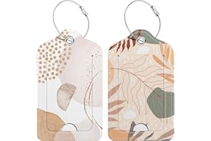 Hsxnam 2 Pack PU Leather Luggage Tags for Suitcase, Travel Cruise Luggage Tag with Privacy Flap, Name ID Label and Metal Loop for Women Men Baggage Handbag School Bag Backpack, Modern Abstract Leaves