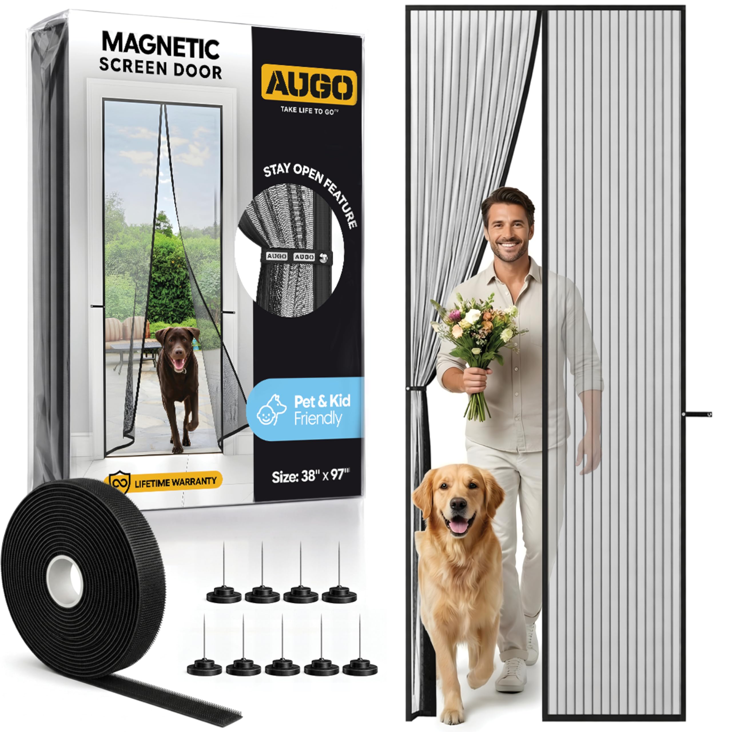 AUGO Magnetic Fly Screen Door - Self Sealing, Heavy Duty, Hands Free Mesh Net Partition Keeps Bugs Out - Pet and Kid Friendly - Patent Pending Keep Open Feature - 97 x 247cm