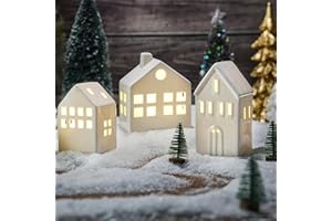AOMOONOA Ceramic Christmas Village Houses, 3Pcs Small White Christmas Houses with 3Pcs Xmas Trees, Light Up Village House Set for DIY, Winter Holiday Home Decor, Tabletop Centerpiece (Battery Operated)