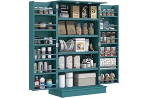 HOMCOM 41" Kitchen Pantry Storage Cabinet, Freestanding Kitchen Cabinet with 12 Door Shelves, Double Doors, 5-Tier Shelving and Adjustable Shelves, Blue