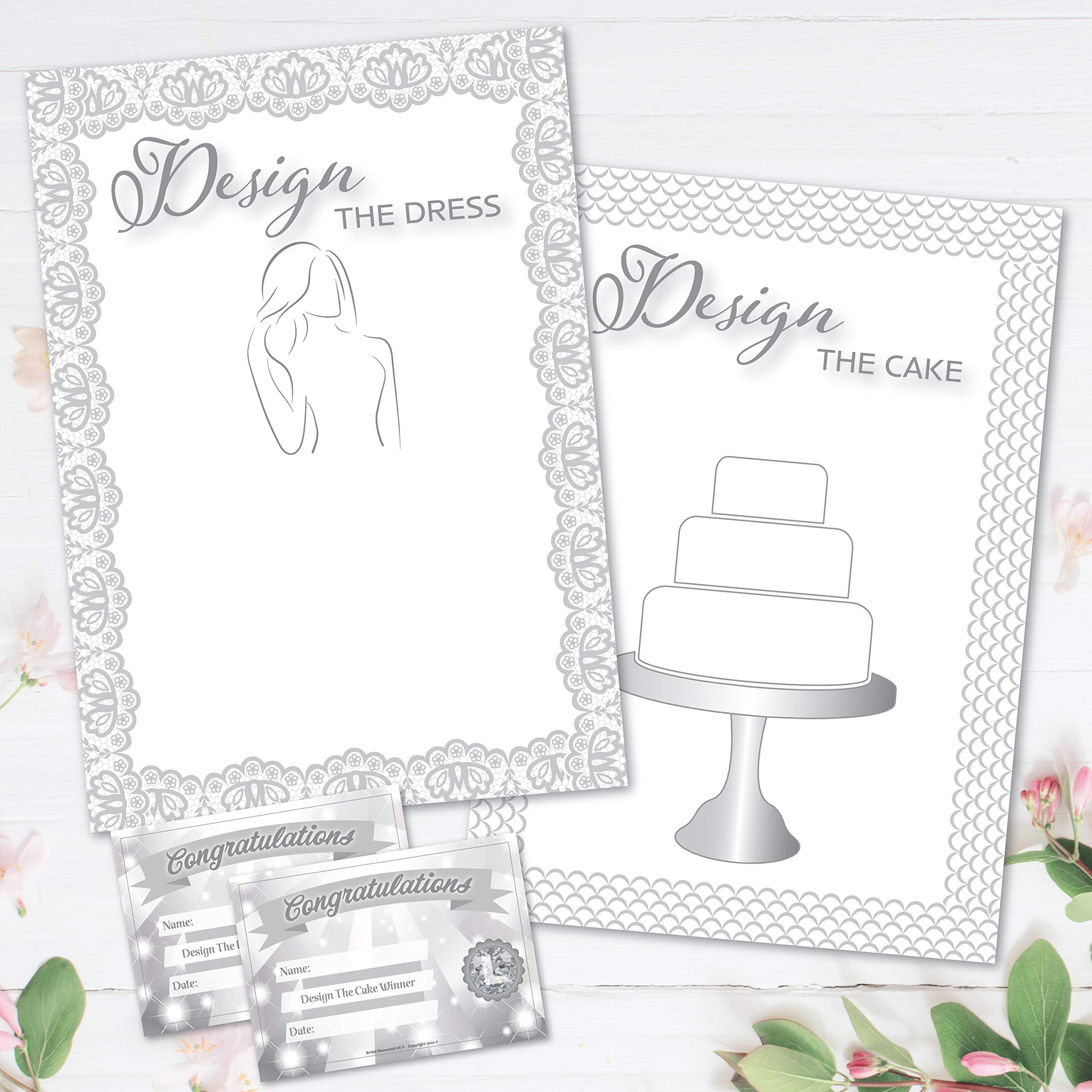 Bridal Showered UK Hen Night Party Games – DESIGN THE DRESS and DESIGN THE CAKE – 2 Hen Party Games – 20 Player – Premium Quality Guess the Dress and Guess the Cake Cards (Game Cards)