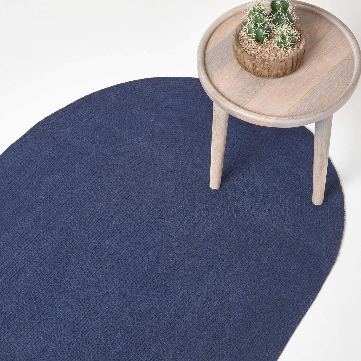 HOMESCAPES Navy Blue Handmade Braided Oval Rug For Bedroom & Living Room Reversible Woven Cotton Large Rug, 110 x 170 cm