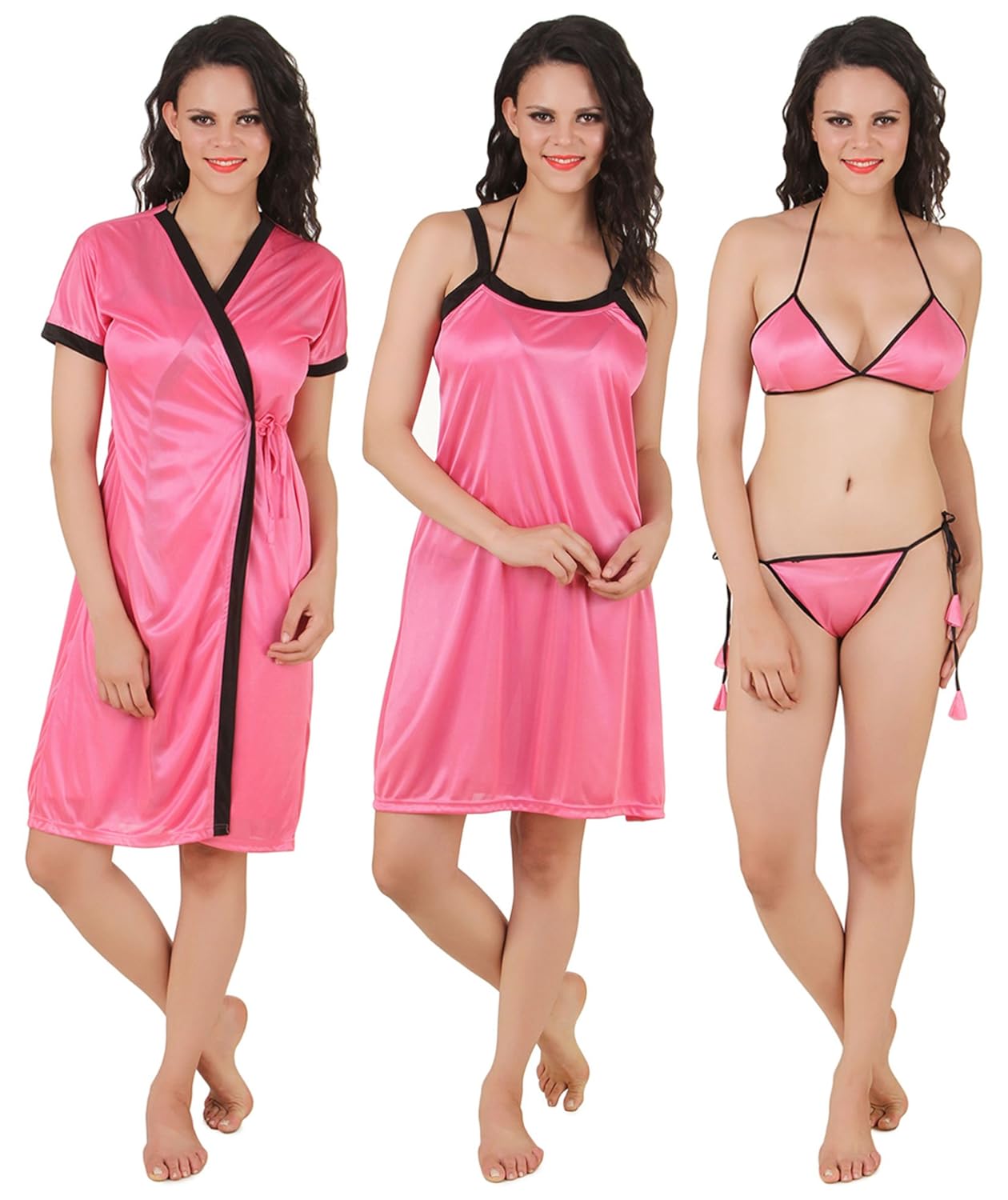 fasense women's satin nightwear (pink, large) - set of 4