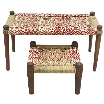 Colourboxes Bench Stool Set 1 Bench 1 Stool Knitted Fabric Cotton Jute Multicolour With Wooden Legs Amazon In Home Kitchen