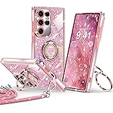 XYZ for Galaxy S25 Ultra Case, Glitter Bling Phone Cover with 2-Ring Heart Stand & Lanyard, Women Girls Luxury Rhinestone Shockproof Protective Case para Samsung S25 Ultra, Pink