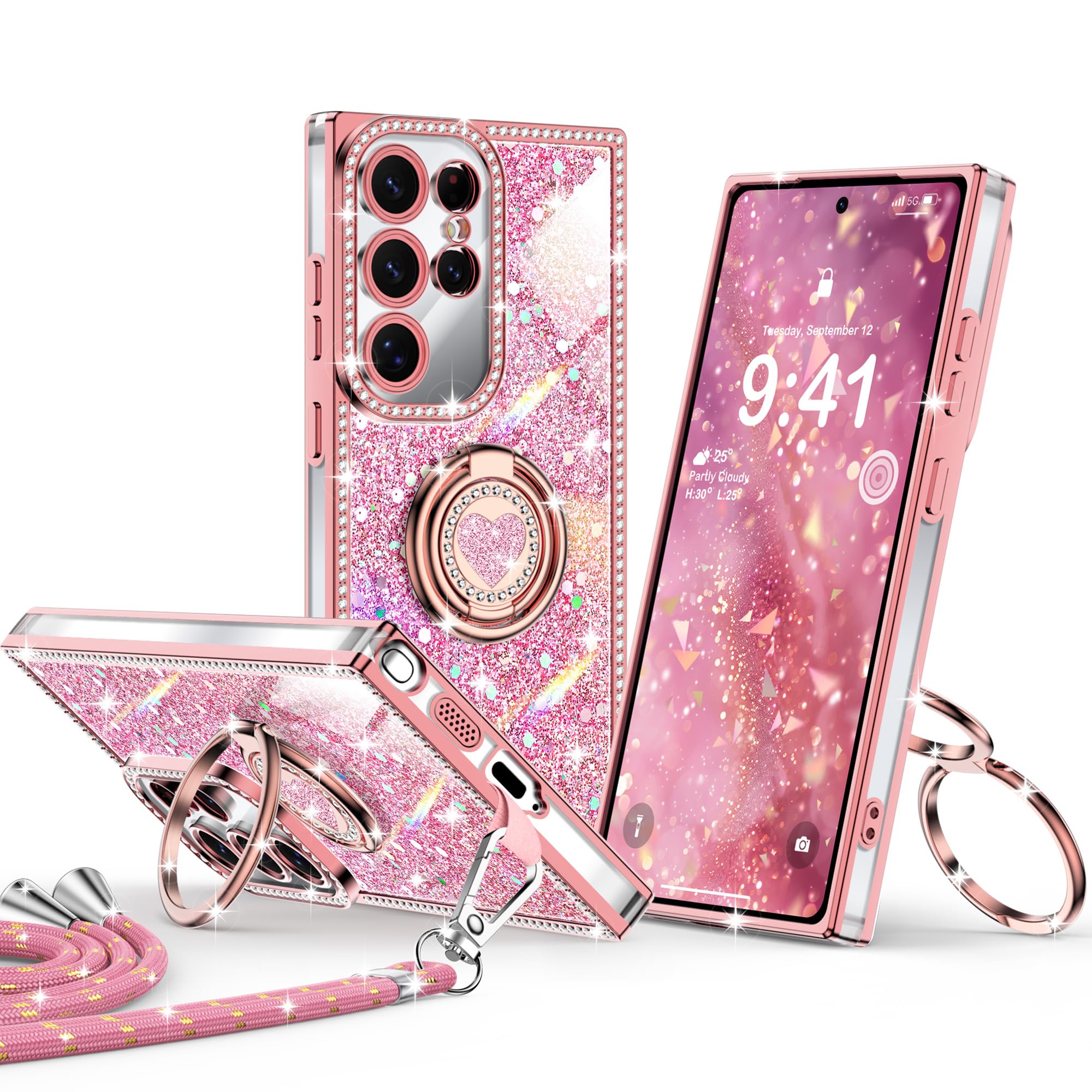 XYZ for Galaxy S24 Ultra Case, Glitter Bling Phone Cover with 2-Ring Heart Stand & Lanyard, Women Girls Luxury Rhinestone Shockproof Protective Case para Samsung S24 Ultra, Pink