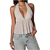 OYOANGLE Women's Polka Dots Halter Top Deep V Neck Tie Backless Flowy Tank Tops