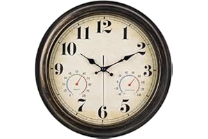 zyzamay 13 Inch Outdoor Clock with Thermometer and Hygrometer, Waterproof and Silent, Large Easy-to-Read Numbers, Ideal for Bedroom,Office,Living Room,Porch,Garden,Pool(BlackGold)