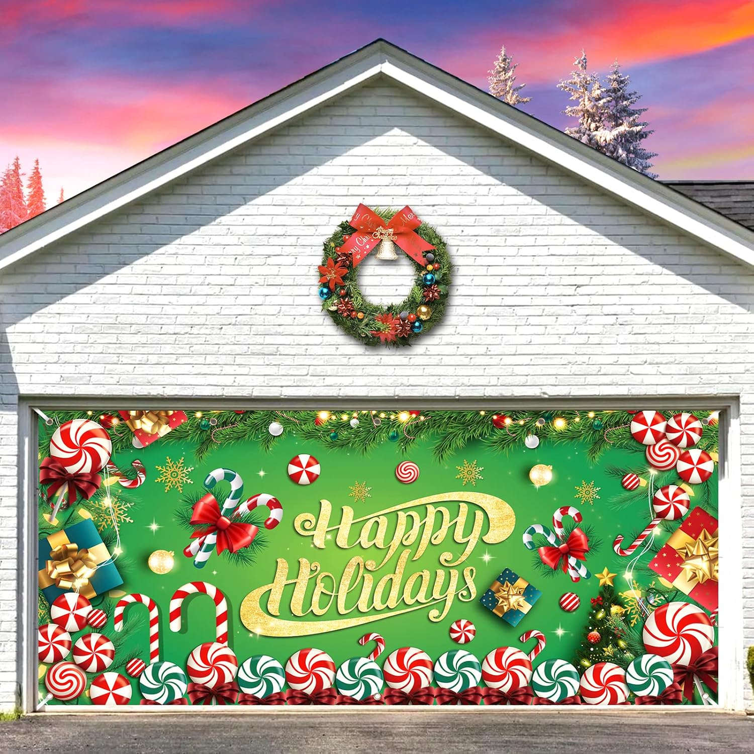 Garage Door Decorations - Peppermint Happy Holiday Garage Door Banner Decoration Large Candy Garage Door Cover Candy Cane Garage Backdrop Photo Booth Background for New Year Eve Holiday Party Outdoor Indoor Wall Decor 6x13ft