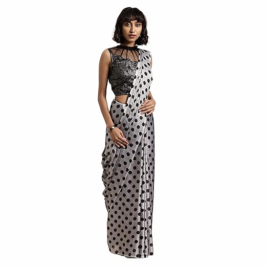 Womanista crepe with Blouse Piece Saree (TI1162_ Grey & Black_ Free Size)