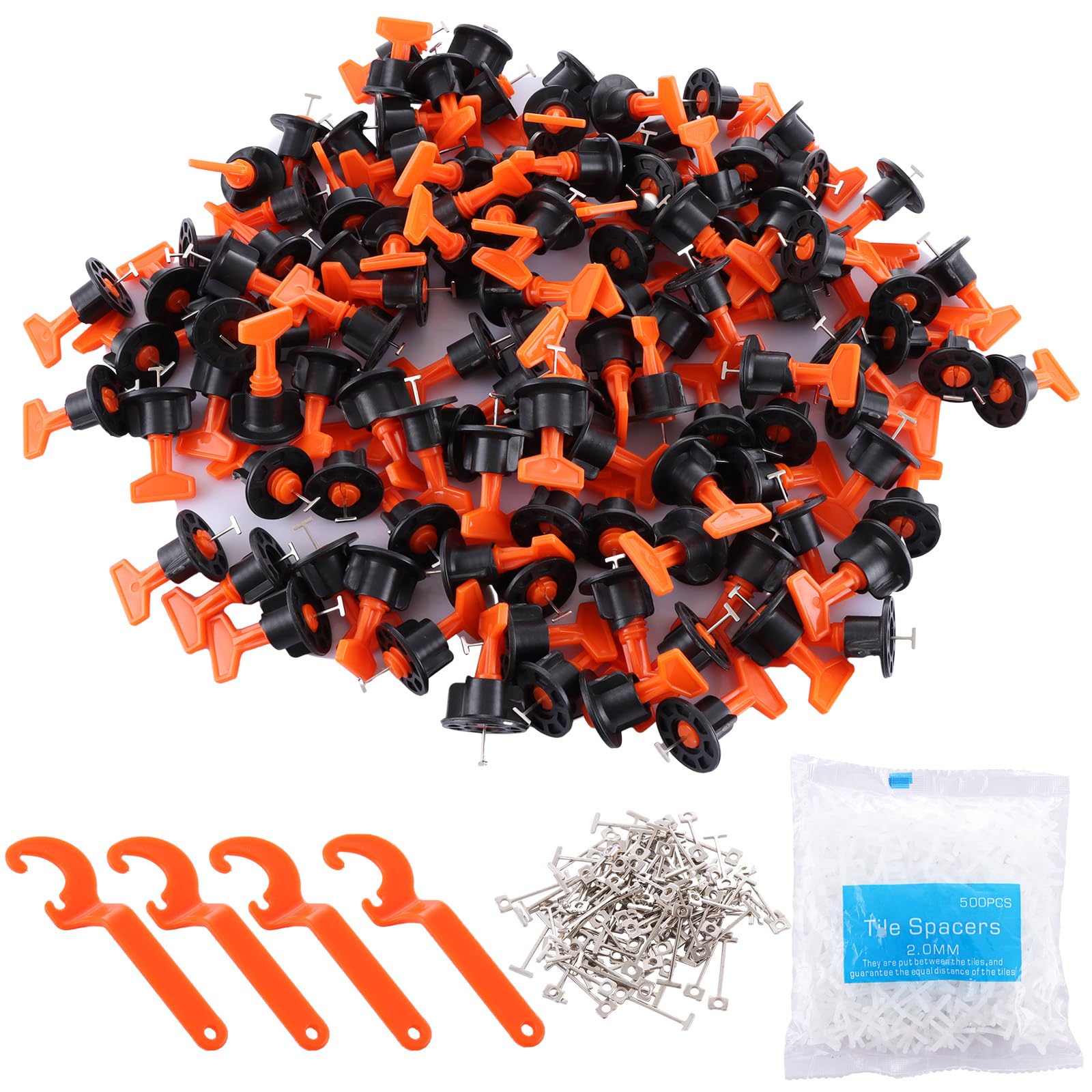 LOLYSIC Tile Leveling System, 200Pcs Tile Leveler Spacers with 4 Special Wrench, 500Pcs 2mm (1/12") Spacers, 100Pcs T Needles, Tiles Installation Tool Kit for Wall Floor Building