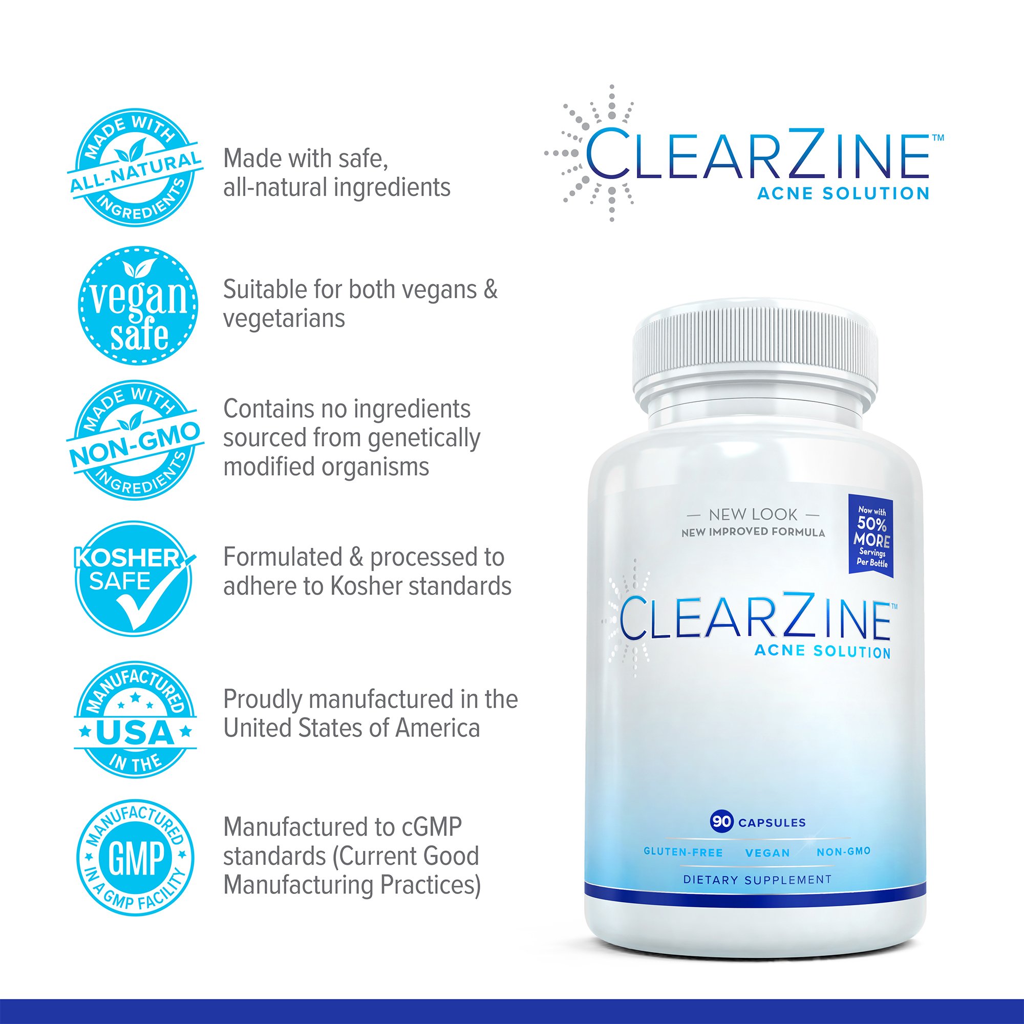 ClearZine Acne Pills For Teens & Adults (2 Bottles) Clear Skin