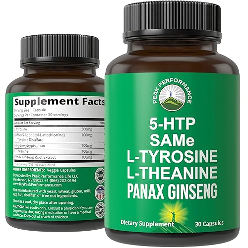 Peak Performance Mood Support Supplement with 5 Top Ingredients: 5HTP, SAM e, L Tyrosine, L Theanine, and Panax Ginseng. Calm, Focus, Relaxation Supplements. Vegan