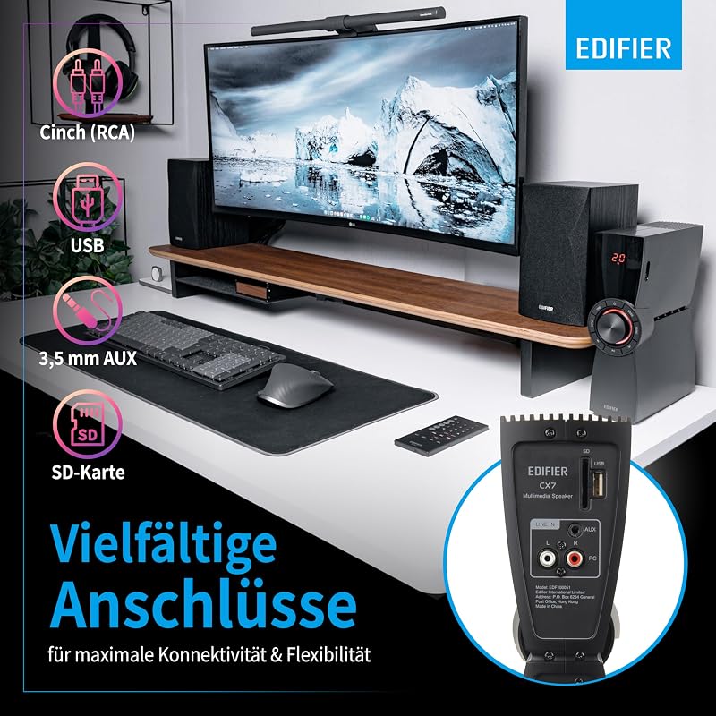 CX7 Aktives 2.1 Home-Entertainment-System mit Bluetooth V5.0, 21cm (8 Zoll) Subwoofer und Infrarot-Fernbedienung: Perfekt für TV, PC, Notebook etc., Schwarz