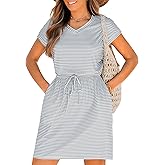 Benfoly Summer Dresses for Women Casual Short Sleeve Drawstring Waist Striped Dress Beach Mini T-Shirt Dress with Pockets