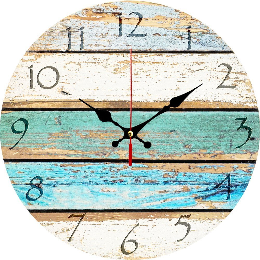 Elikeable Decorative Wall Clock,12" Vintage Wooden Decorative Round Beach Silent Wall Clock Non Ticking for Home Decor (Sky)