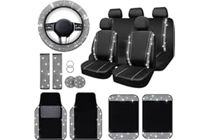 Jusen Rhinestone Bling Car Seat Covers Leather&Shining Diamond Car Floor mats Carpet Waterproof Anti-Slip Nibs&BlingCar Accessories Interior Sets for Women Silver Glitter White Crystal Sparkly（Silver）