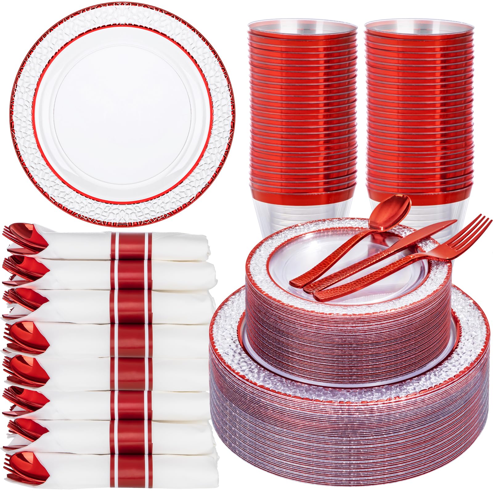 Photo 1 of Ciaell 350 PCS Clear and Red Plastic Plates – Red Dinnerware Set for 50 Guests Include 100 Plastic Plates, 50 Pre Rolled Napkins with Cutlery Set, 50 Cups for Wedding & Party & Anniversary & Christmas