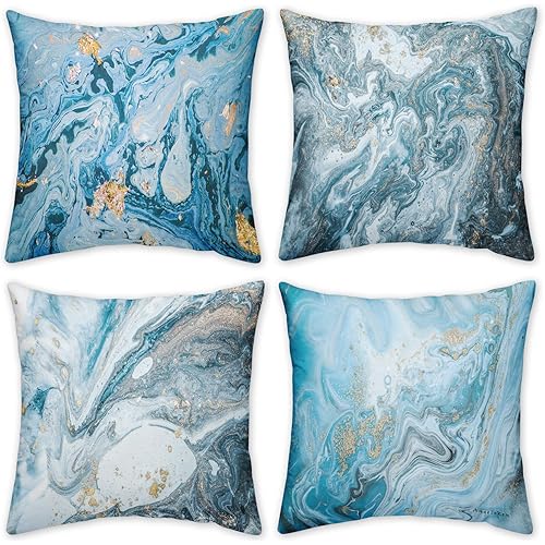 Set of 4 Throw Pillow Covers Cases Blue Marble abstract Artwork Square Decorative Cushion Covers Pillowcase Cushion Case for Sofa,Contemporary Decor Sofa Bedroom Car 18x18 Inches-Short plush