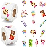 BeYumi Candy Party Sticker Roll - 1000Pcs Candy Party Stickers in 2 Rolls Waterproof Vinyl Sweets Themed Cute Dessert Decal for Gift Laptop Bottle Scrapbooking Luggage Computer Envelope Decor for Kids
