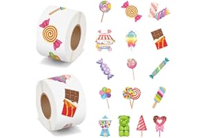 BeYumi Candy Party Sticker Roll - 1000Pcs Candy Party Stickers in 2 Rolls Waterproof Vinyl Sweets Themed Cute Dessert Decal for Gift Laptop Bottle Scrapbooking Luggage Computer Envelope Decor for Kids