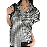 winkbay Women's Plaid Button Down Shirts Vintage Short Sleeve Collared Blouses Dressy Casual Tops