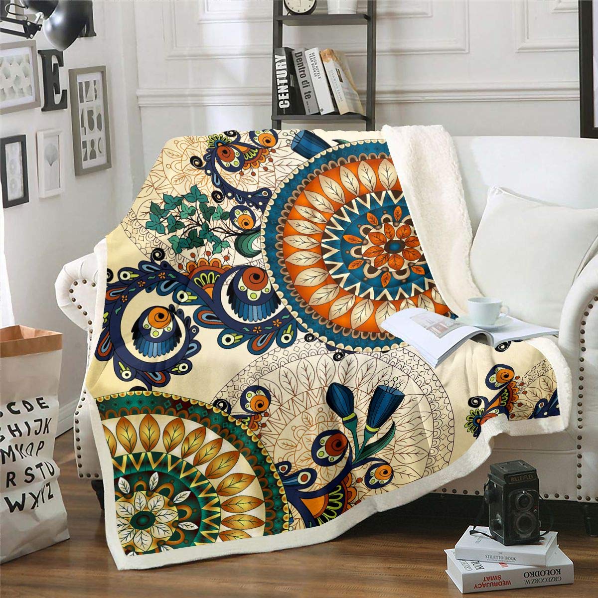 Loussiesd Hippie Mandala Fleece Throw Blanket for Sofa Bed Boho Mandala Plush Blanket Colorfulative Ethnic Floral Sherpa Blanket Peacock Feathers Chic Flowers Fuzzy Blanket Baby 30x40 Inch — image 1