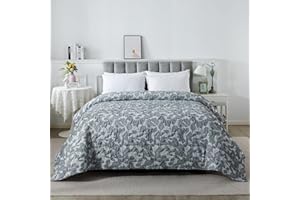 Caressma Gray Bedding Coverlet Queen Size (90” x 90”), Boho Design with Softness 3D Decorative Jacquard Weaved Quilt, Farmhouse Floral Bedspread for Bedding
