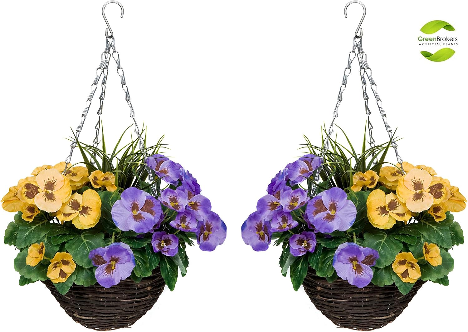 2 x Hanging Baskets with Purple & Yellow Flowers and Decorative Grasses (Set of 2)