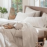 MooMee Bedding Sheet Set 100% Washed Cotton Linen Like Textured Breathable Durable Soft Comfy (Solid Off White, Queen)