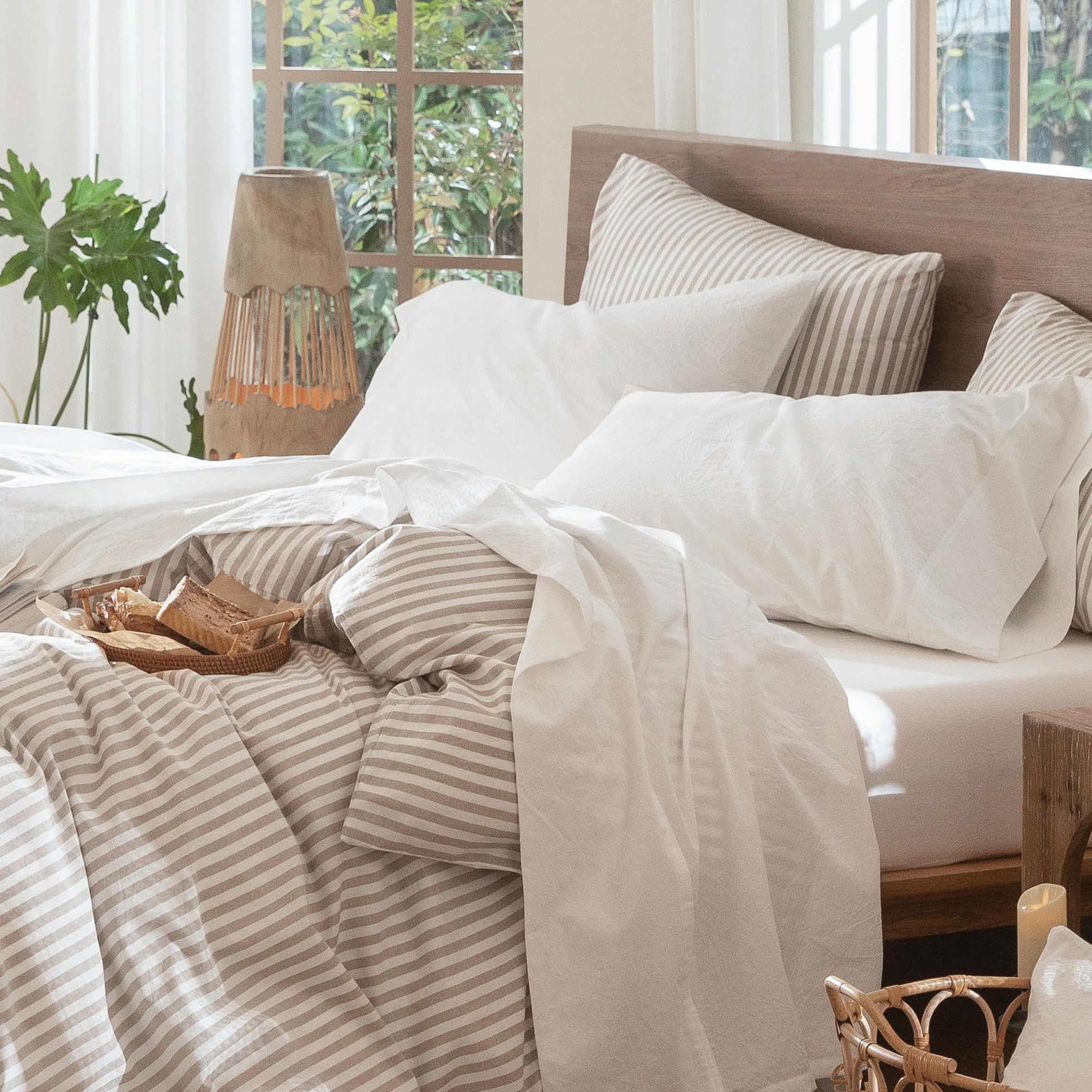 Photo 1 of MooMee Bedding Sheet Set 100% Washed Cotton Linen Like Textured Breathable Durable Soft Comfy (Solid Off White, King)