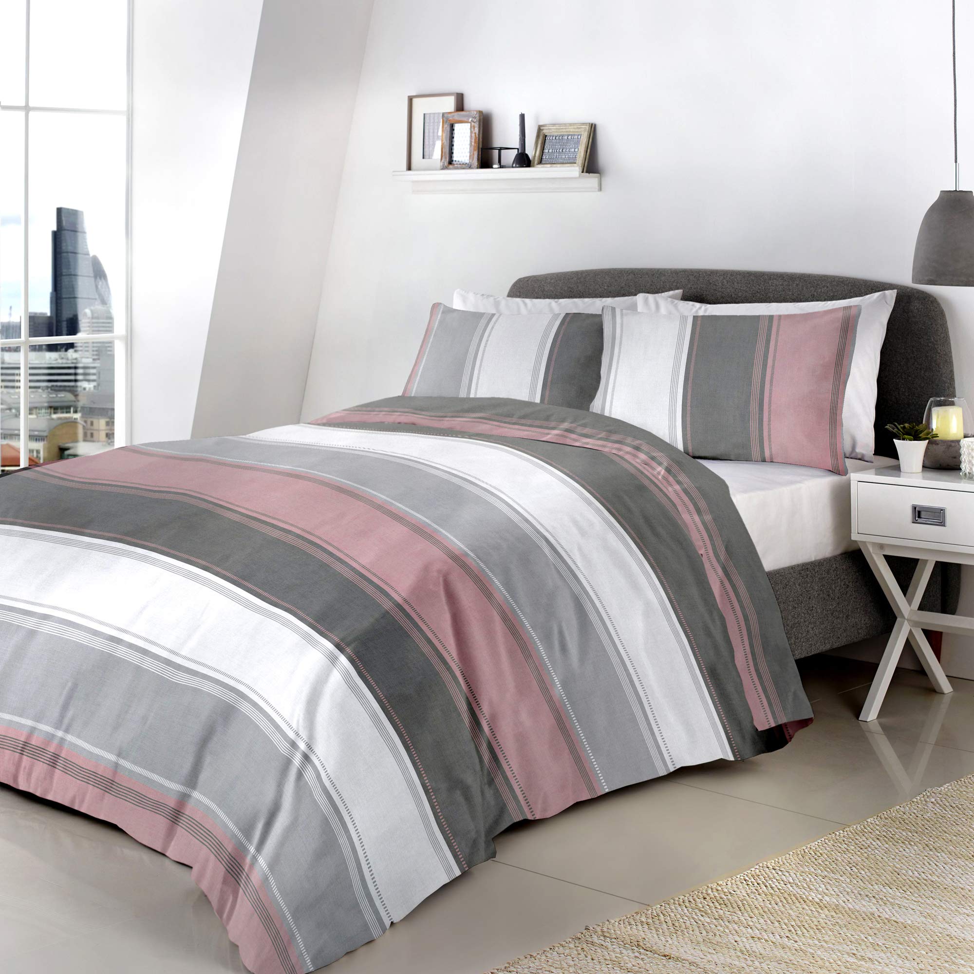 Fusion Betley Stripe Reversible Duvet Cover Set, Blush, King