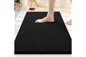 Smiry Luxury Chenille Bathroom Rugs 30x20, Extra Soft and Absorbent Shaggy Bath Mat, Machine Washable, Non-Slip Plush Carpet Runner for Tub, Shower, and Floor, Home Decor Accessories, Black