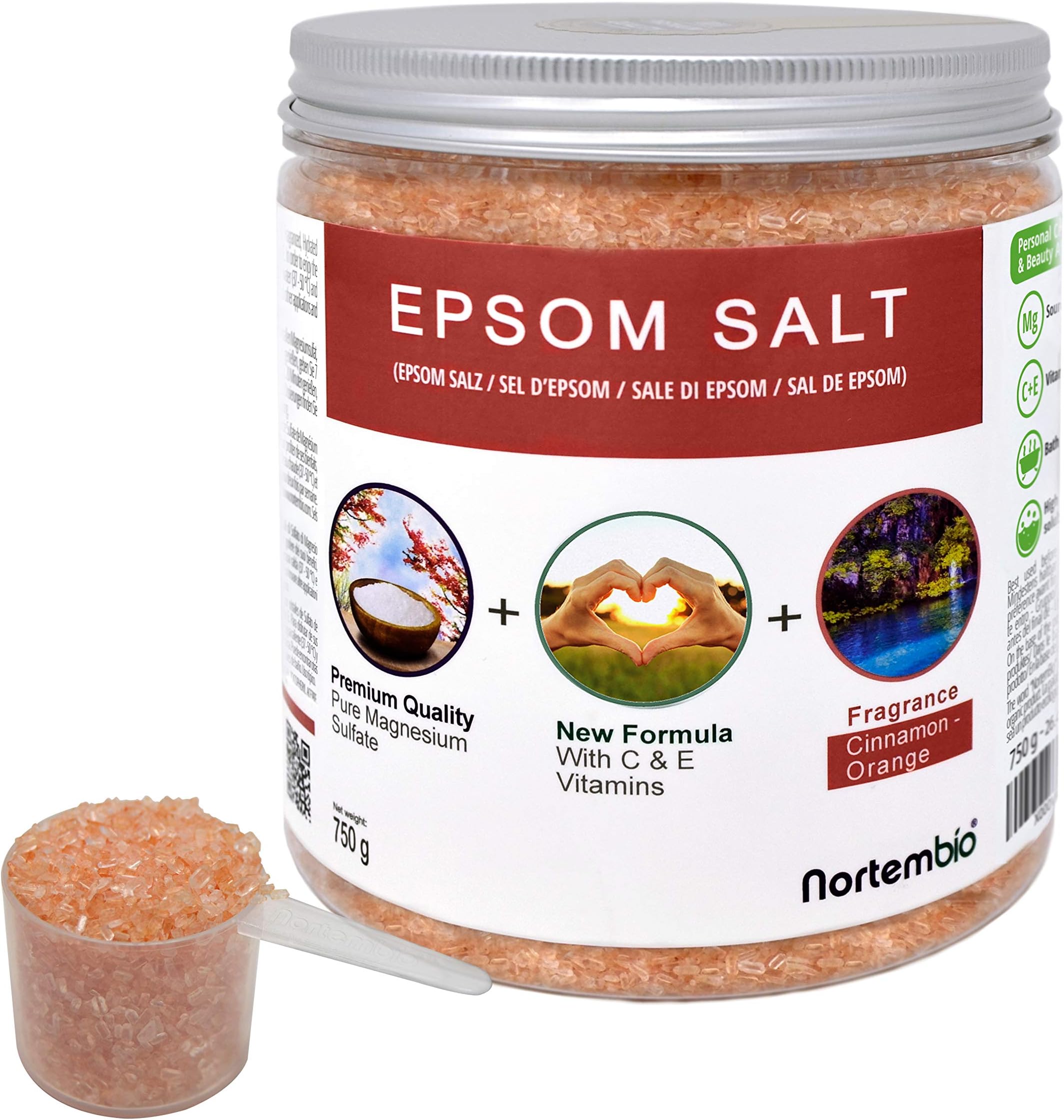Nortembio Epsom Salt 750 g. New Orange Cinnamon Fragrance. Epsom Salts Hydrated with Vitamin C and E. Bath Salts and Personal Care. EBook Included.