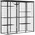 PawHut Weld Wire Catio Outdoor Indoor, Cat Enclosure with Waterproof Cover, 4 Jumping Platforms, Hammock, Cat Shelter for 1-3 Kittens, 69" x 22" x 62", Black