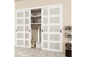 AINLARRY Paintable Sliding Closet Door 96" x 80" (Double 48"), 5 Lite Frosted Tempered Glass Interior Sliding Door for Bedroom, Bypass Closet Panels with Hardware Set, Pre-Drilled Need to Assemble