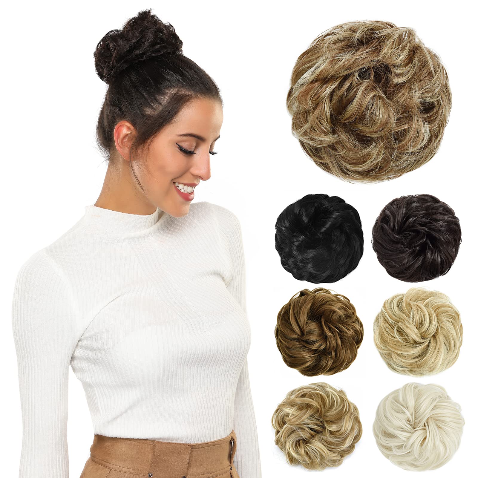 Yamel Messy Bun Hair Pieces for Women Hair Bun Extension Light Brown mix Ash Blonde Updo Curly Messy Bun Scrunchie