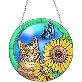 duahappy Cat Stained Glass Window Hangings, Butterfly Sunflower Handcrafted Stained Glass Suncatchers, Gift for Cat Lovers and Nature Lovers (6.3'x6.3')