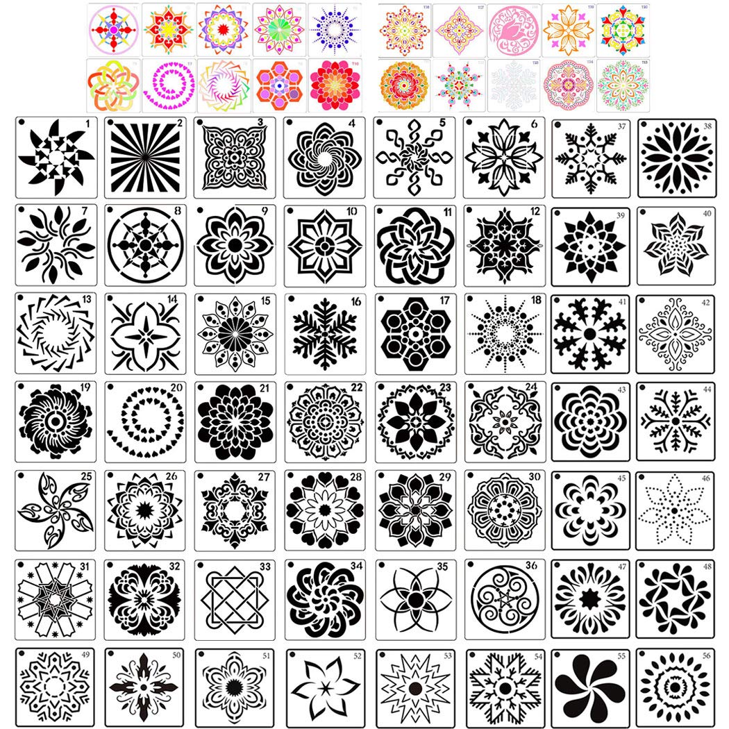 SIPLIV Reusable Mandala Stencils PET Material Mandala Dot Painting Hollow Out Templates for Rocks Wood Wall Painting DIY Painting Art Projects - 56 PCS Templates